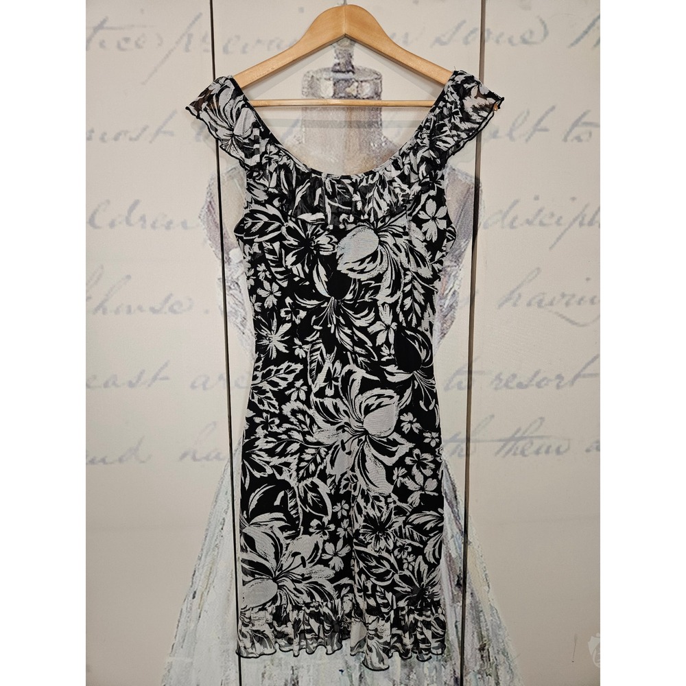 Kate and Lily Black White Floral Mesh Ruffle‎ Sheath Dress Size 8